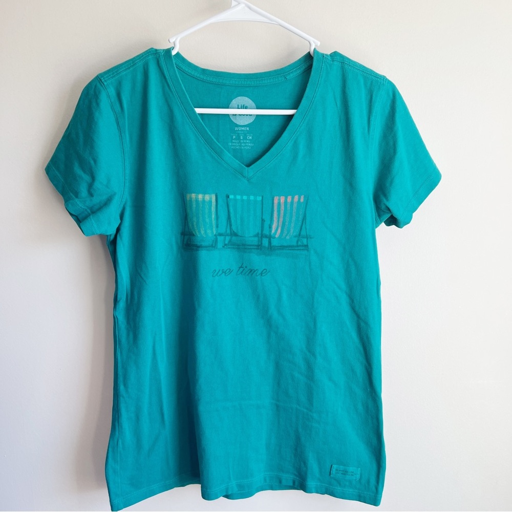 Life is Good Green Beach Chair Graphic Short Sleeve Tee T-shirt